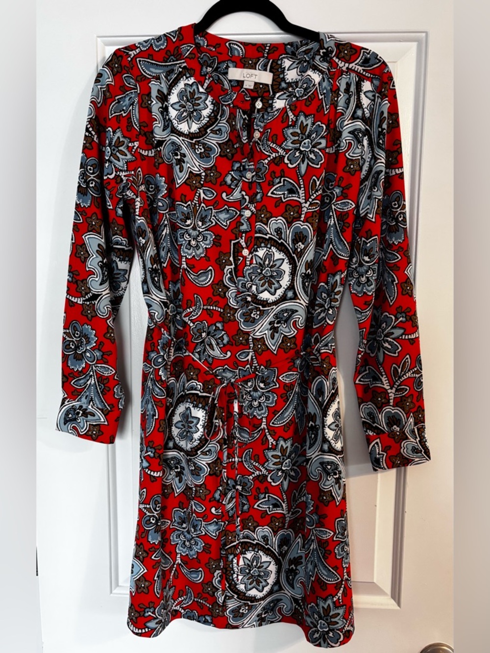 LOFT Red Paisley Long-Sleeve Tie-Waist Dress